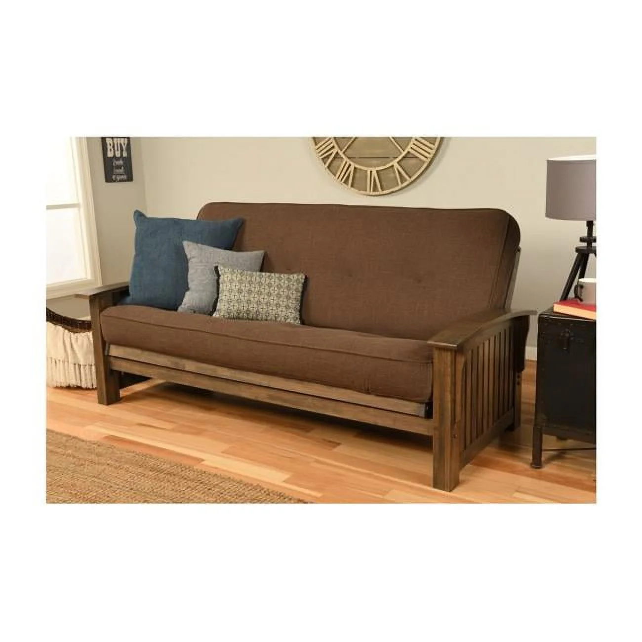 Washington Rustic Walnut Futon Frame with Linen Cocoa Mattress - Full Size