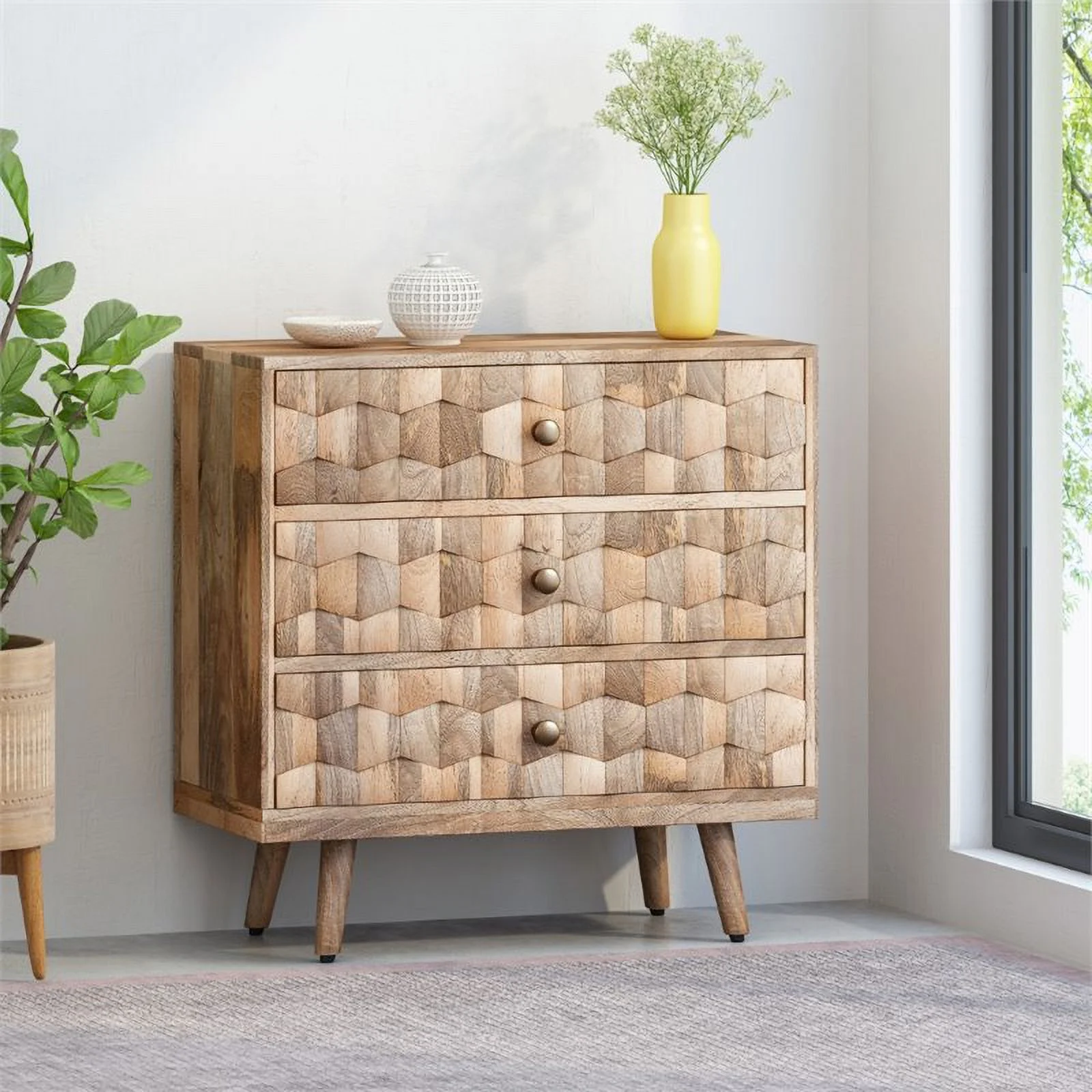Pemberly Row Mid-Century Modern Mango Wood 3 Drawer Chest in Natural