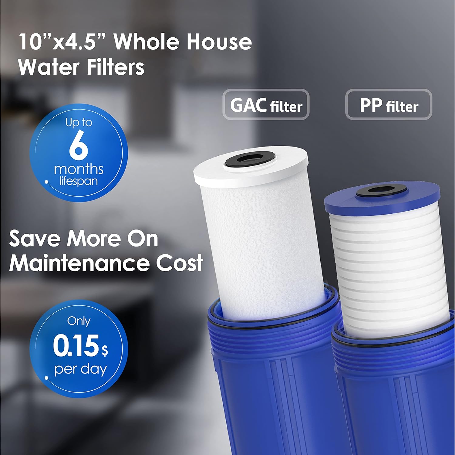 Waterdrop Whole House Water Filter System WD-WHF21-PG, with Spin Down Sediment Water Filter WD-RPFK, with 10" x 4.5" Sediment Filter & Carbon Filter