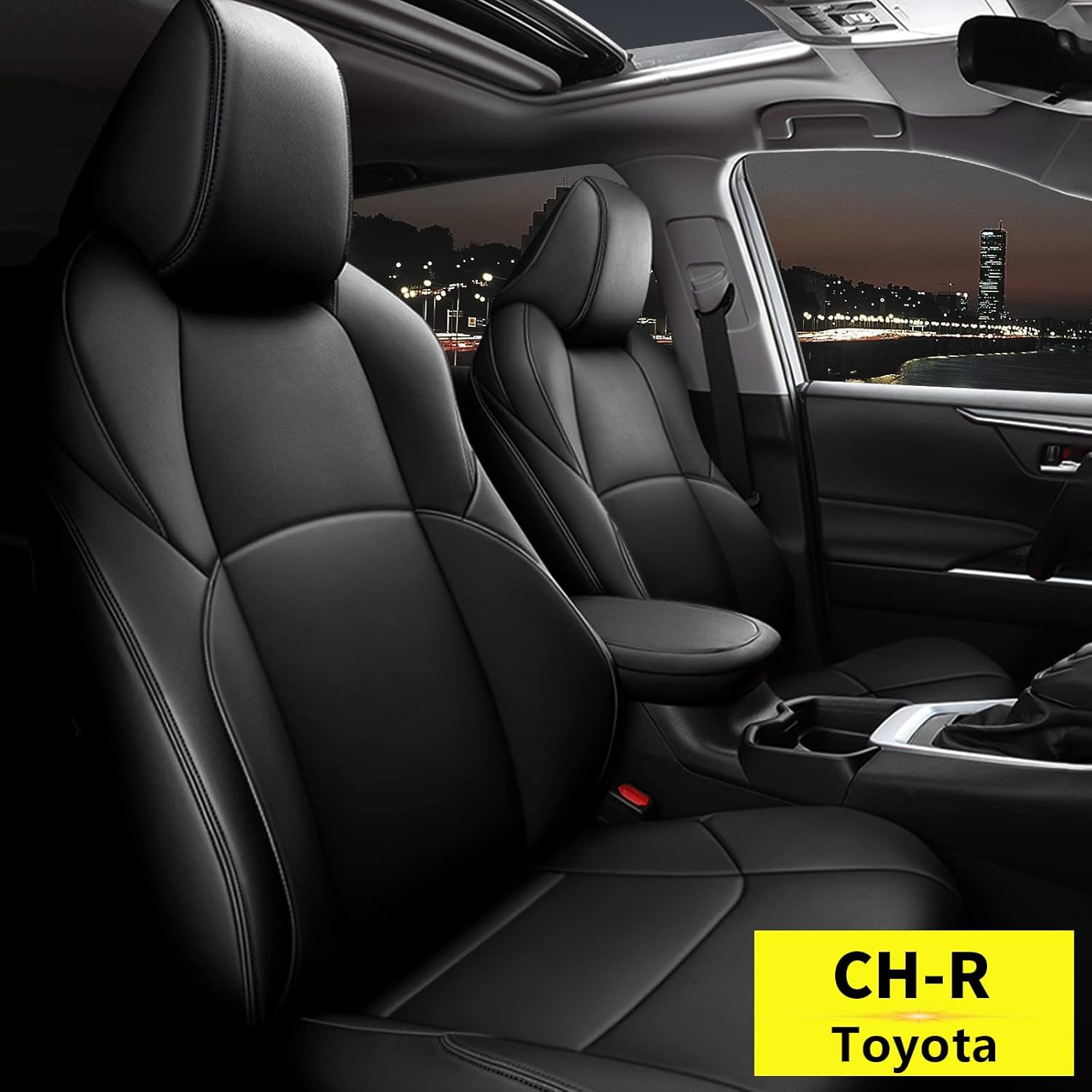 JXAUTO Custom Fit for Toyota C-HR Faux Leather Car Seat Covers Full Set Compatible for 2016 2017 2018 2019 2020 2021 2022 C-HR (Black)