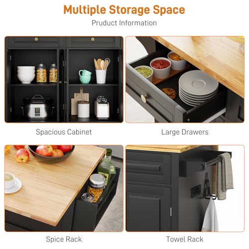 Kitchen Cart with Wood Top and Drop Leaf Breakfast Bar, Rolling Mobile Kitchen Island Table on Wheels with Drawer and Storage Cabinet, Spice Rack
