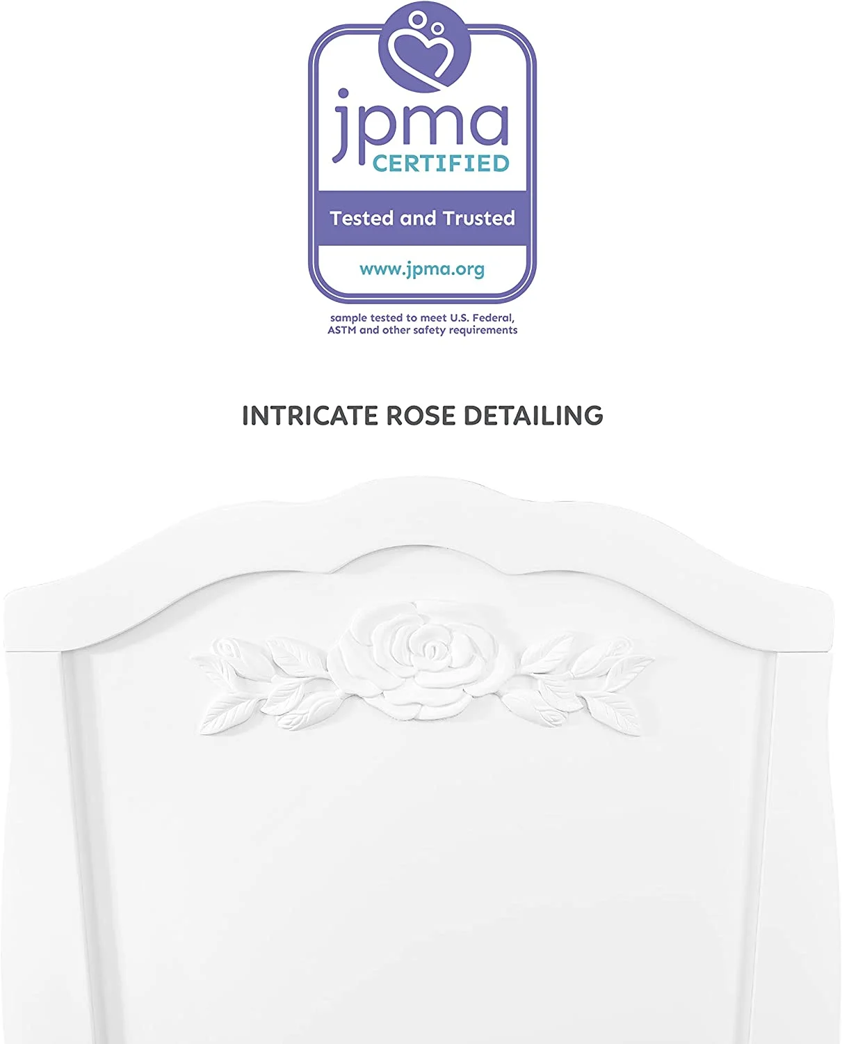 Rose Cradle in White, with 1" Mattress Pad, Easy to Assemble, JPMA Certified, New Zealand Pinewood Cradle, Stationary and Rocking Cradle