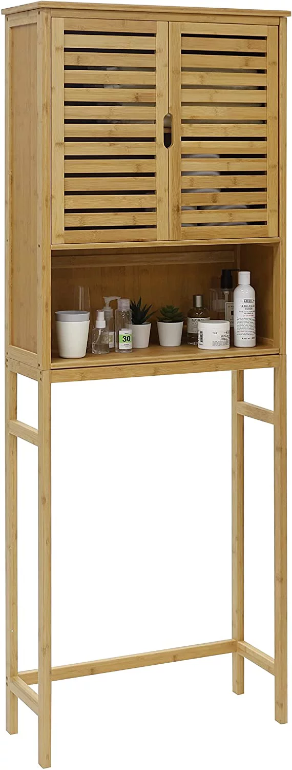 Bamboo Over-The-Toilet Storage Cabinet Bathroom Organizer with Shelf and Cupboard, Freestanding Small Over The Toliet Cabinet, Space Save, Natural