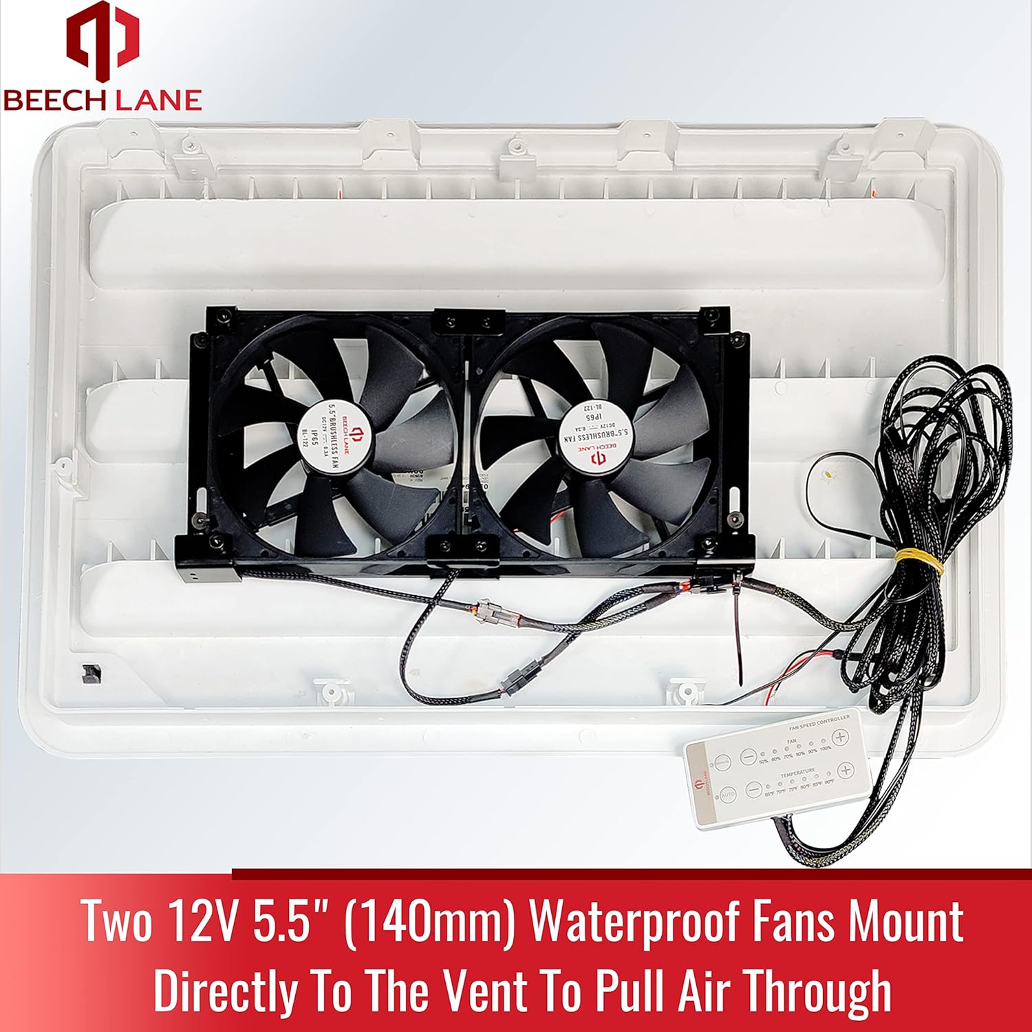 Beech Lane 12V RV Fridge Ventilation Cooling Fan 5.5 (140mm), Custom Mounts For American RV Side Vents, Adjustable Temperature Settings