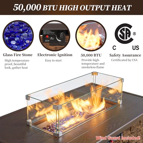 43¡± Propane Fire Pit Table Outdoor Rectangular Stone Firepit Table 50,000 Btu Propane Fire Tables for Outside Patio with Glass Wind Guard, Lid