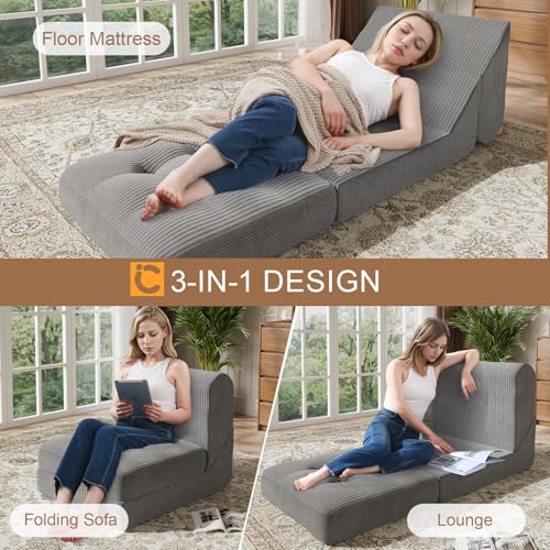 COMAX Folding Sofa Bed, Convertible Chair Bed Corduroy 3-in-1 Foldable Floor Couch with High-Density Foam, Futon Sofa Sleeper Mattress