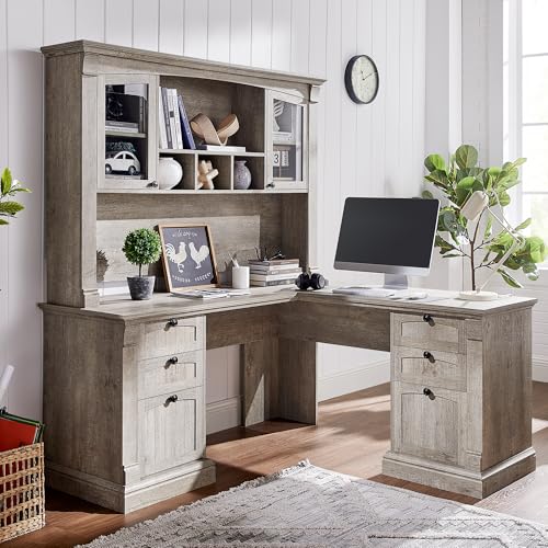 OKD 60" Executive Desk with Drawers, Farmhouse Home Office Desk with Charging Station, Keyboard Tray, File Cabinet Storage