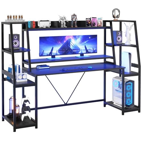 SEDETA Gaming Desk 78.8'' with LED Lights, Hutch and Storage Shelves, Computer Desk with Monitor Stand, Large PC Gamer Desk Workstation