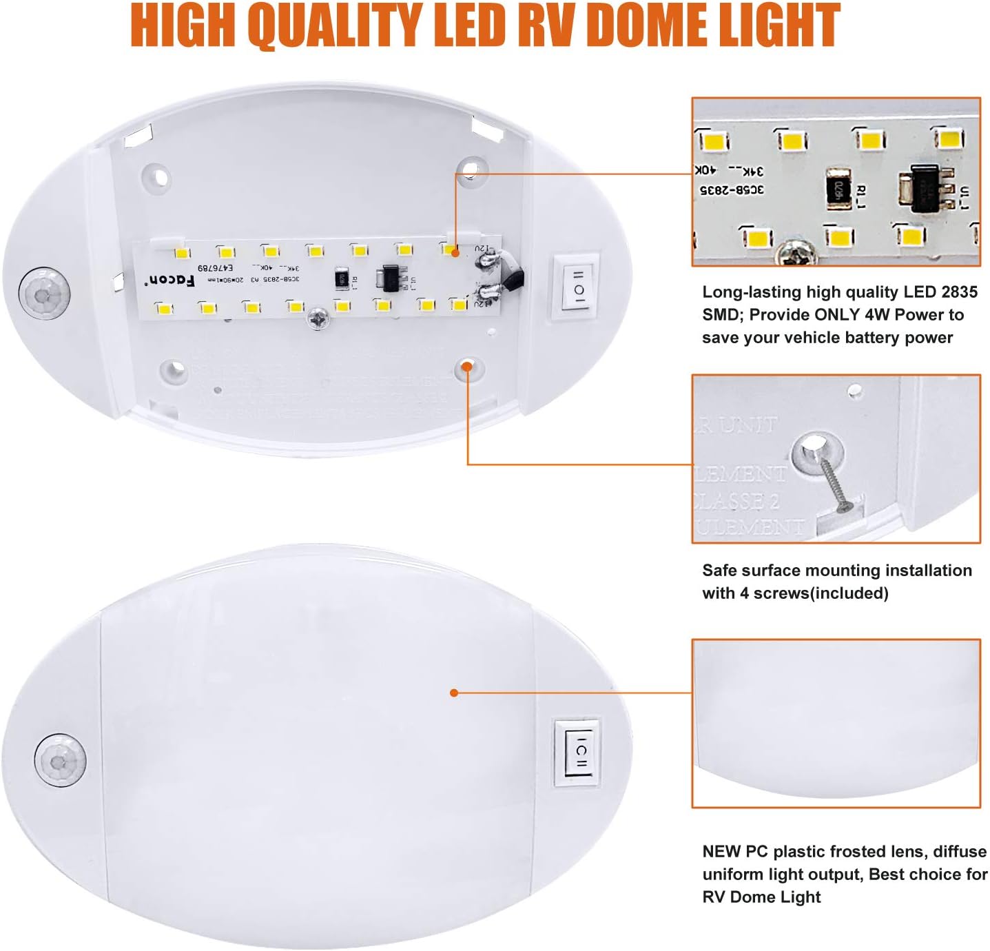 Facon Fashion LED Bright Pancake Light 12 Volt Interior Ceiling Dome Light with On/Off Switch for RV Motorhomes Camper Caravan Trailer Boat (with