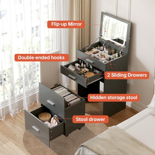 Compact Vanity with 3 Drawers, 3 in 1 Vanity Desk, Makeup Desk with Flip-up 3 Colors Lighting Mirror and Cushioned Stool