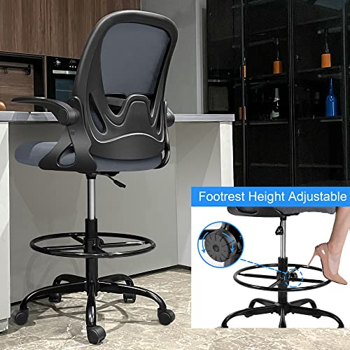 Primy Drafting Chair Tall Office Chair with Flip-up Armrests Executive Ergonomic Computer Standing Desk Chair with Lumbar Support and Adjustable