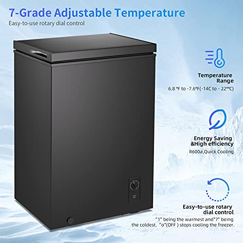 Kismile 3.4 Cubic Feet Chest Freezer with Removable Basket Free Standing Top open Door Compact Freezer with Adjustable Temperature for