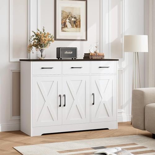 HOSTACK Modern Farmhouse Sideboard Buffet Cabinet, Barn Doors Buffet Storage Cabinet with Drawers and Shelves