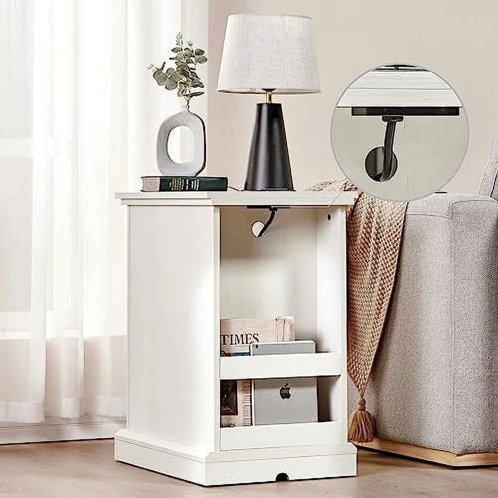 Set of 2 End Table with Charging Station&amp;USB Ports   Side Table Cabinet with Glass Door for Living Room  Bedroom  Distressed White
