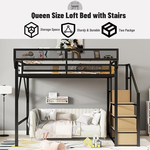 Full Size Loft Bed with Desk and Stairs, Heavy-Duty Steel Loft Bed Frame with Wardrobe & LED Light