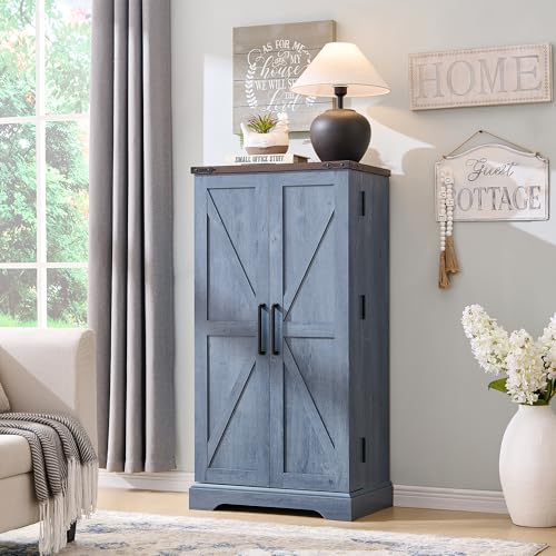 72" Tall Kitchen Pantry, Farmhouse Storage Cabinet with Barn Doors, Organizer, Drawer and Adjustable Shelves, Rustic Wood Cupboard for Kitchen