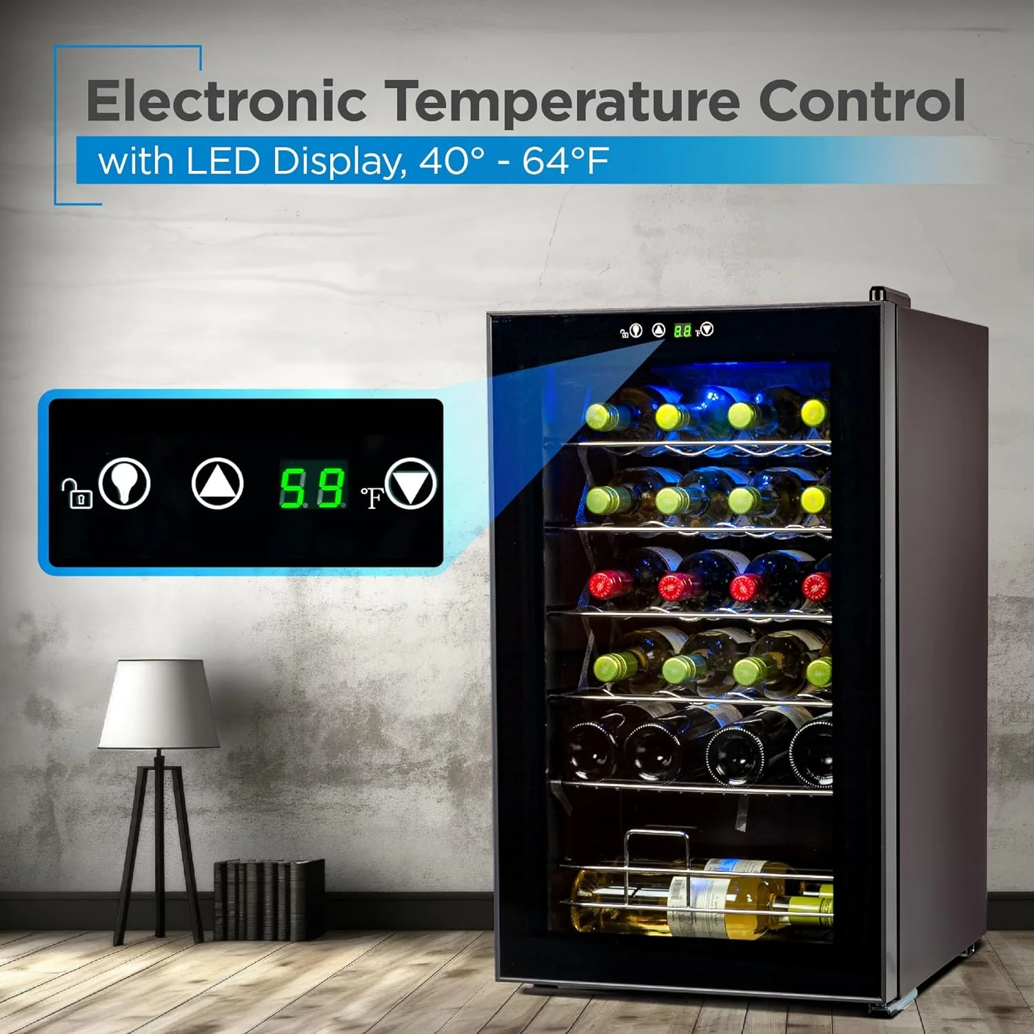 FJU 24 Bottle Wine Fridge with LED Display, Compressor Cooling Refrigerator with Interior Light