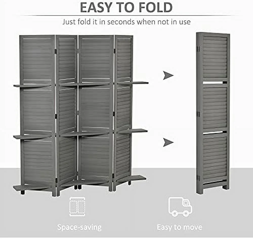 RUNFAYBIU 4 Panel 67" Tall Wood Privacy Screen Room Divider with 3 Display Shelves  and Folding  for Bedroom or Home Office  Grey