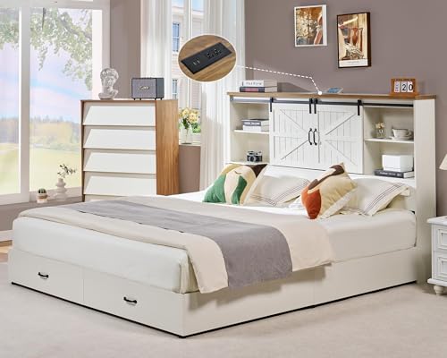 VanAcc Full Size Bed Frame, Wooden Platform Storage Bed with 51.2" Bookcase Headboard, 2 Drawers