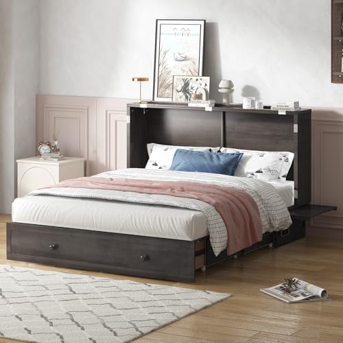 BALUS Murphy Bed, Furniture Murphy Cube Cabinet Bed with USB Charging Station, Foldable Cabinet, Memory Foam Queen Size Mattress