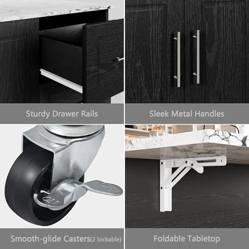4 EVER WINNER Rolling Island with Storage and Drop Leaf, Marble Tabletop, Kitchen Carts on Wheels with Towel Rack & Spice Rack