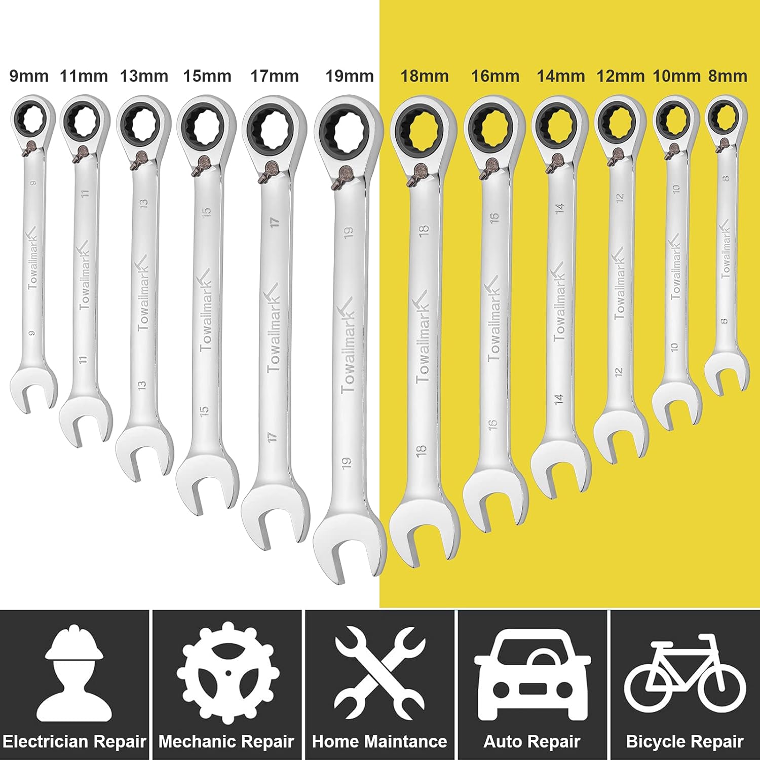 Towallmark 12-Piece Reversible Ratchet Combination Wrench Set, Metric,8mm-19mm Chrome Vanadium Steel Ratchet Wrenches