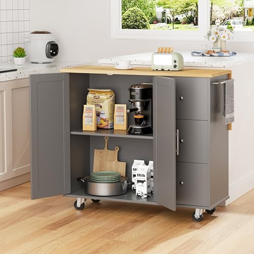 Shintenchi Rolling Kitchen Island Cart with Folding Drop Leaf Breakfast Bar, Portable Trolley Island with Large Storage Cabinet, Shelf and Drawer