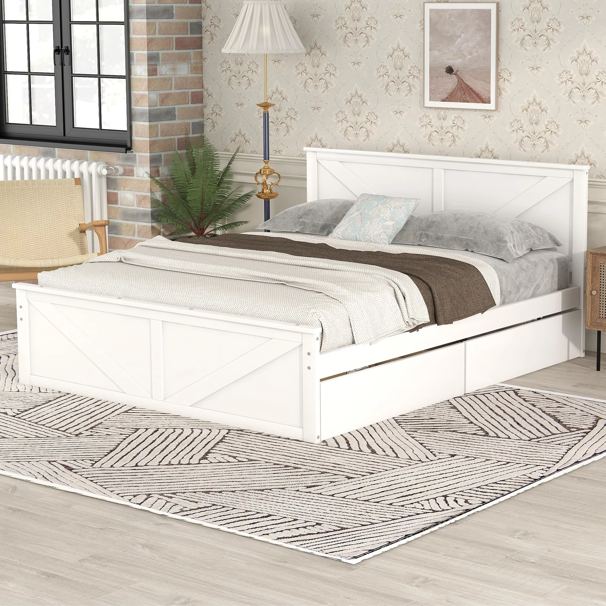 iRerts Queen Platform Bed Frame with 4 Storage Drawers, Wood Queen Bed Frame with Headboard, Slats Support and Support Legs