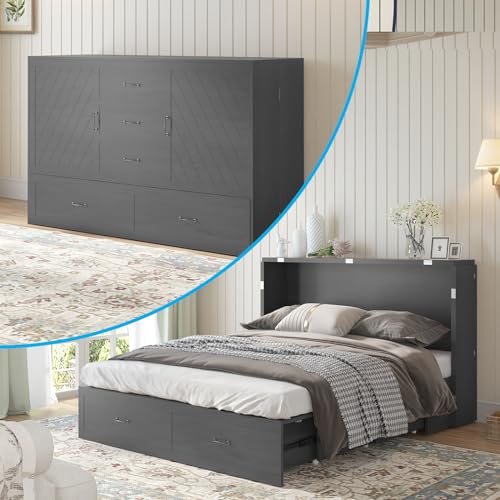 Mjkone Murphy Bed Cabinet,Built-in 3-Port Charging Station, 2 Storage Drawers, Foam Mattress, Queen Size Solid Wood Bed Cabinet