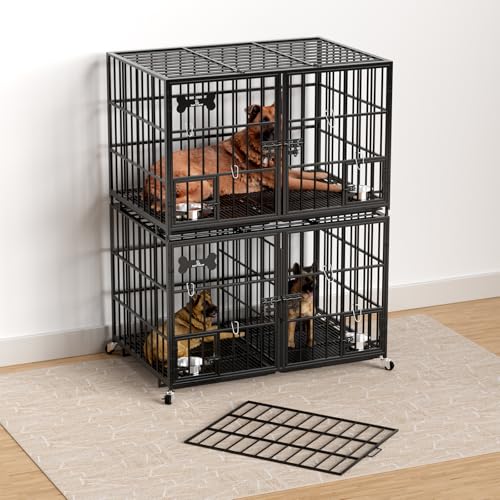 aboxoo 42/48 inch Heavy Duty Metal Dog Crate for 2 Dogs/Large Dog,All Metal Open Top,Dog Kennel Indoor with Wheels,Floor Grid, Tray