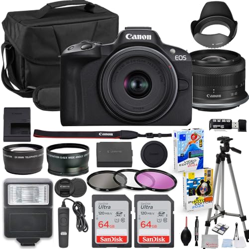 Canon EOS R50 Mirrorless Camera with 18-45mm Lens Bundle + 2X 64GB Memory Cards + Accessory Kit Including Shoulder Bag, Flash, Remote, Aux Lenses