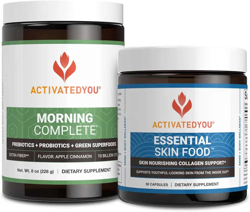 ACTIVATEDYOU Morning Complete Prebiotics, Probiotics, Green Superfoods (Apple Cinnamon) + Essential Skin Food Collagen, Elastin Support