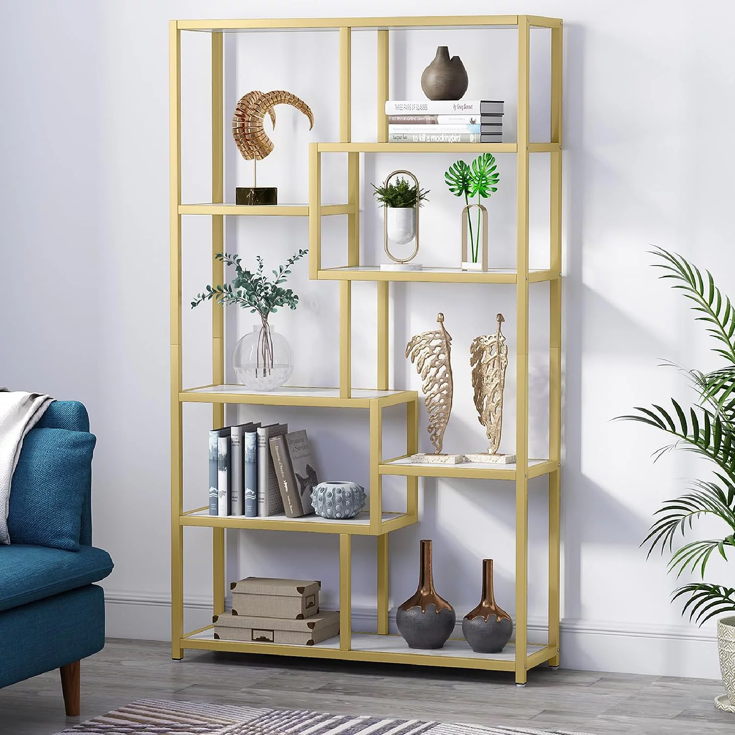Tribesigns Modern Bookshelf, 8-Open Shelf Etagere Bookcase for Living Room, Home Office (White/Gold)