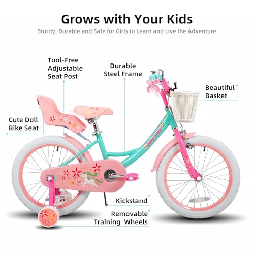 JOYSTAR Unicorn Kids Bike for Girls Ages 2-9 Years Old, 12 14 16 18 Inch Kids Bike with Training Wheels, Doll Seat, Streamers and Basket