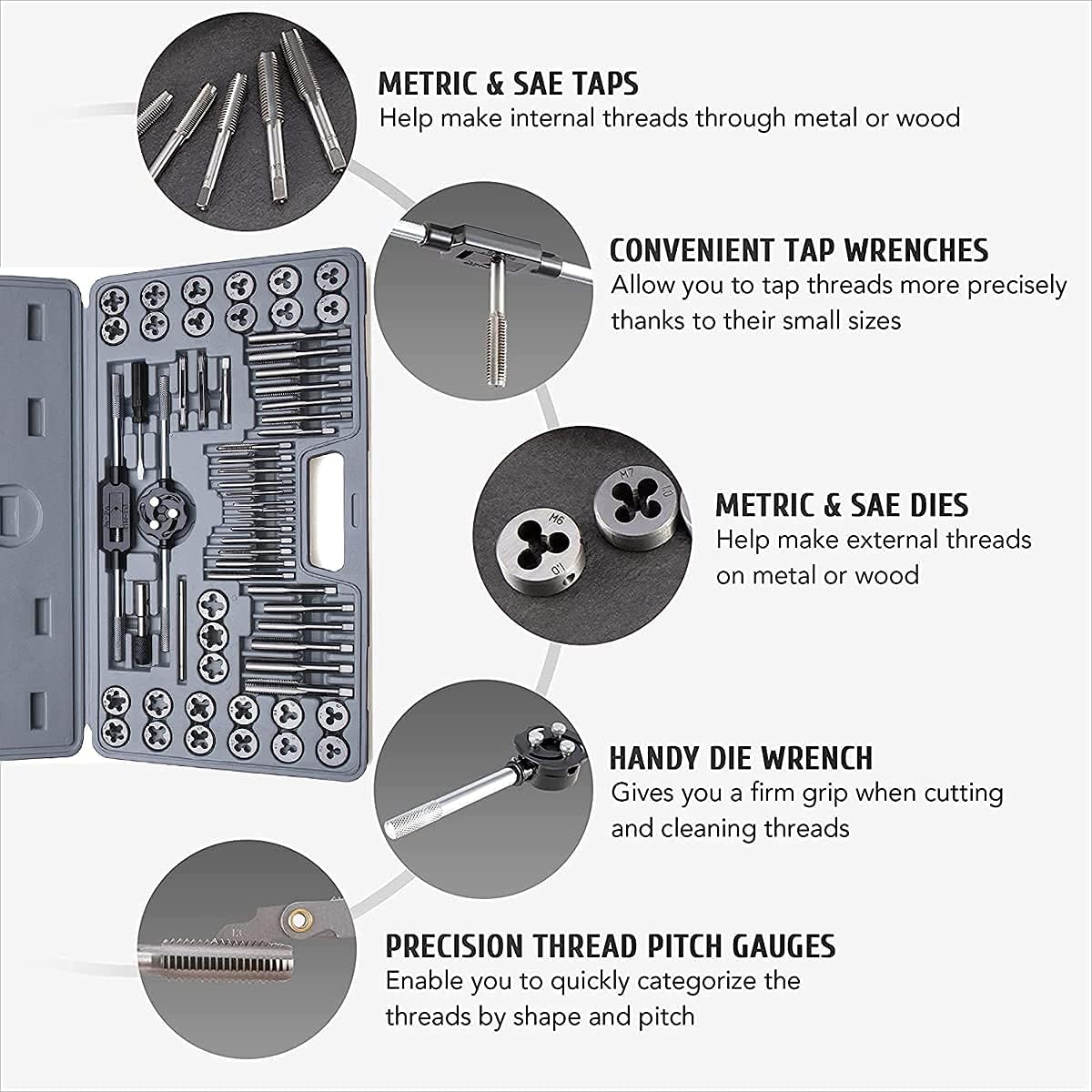 EilxMag 110PCS Hardened Alloy Steel Metric Tap and Die Rethreading Tool Set - Cutting External & Internal Threads with Storage Case (Pakage)