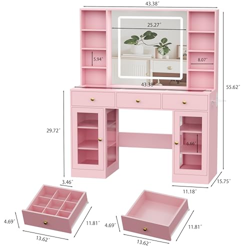 White Vanity Desk with Mirror and Lights, Glass Top Vanity with Lighted Mirror & RGB Glass Cabinet and 3 Drawers