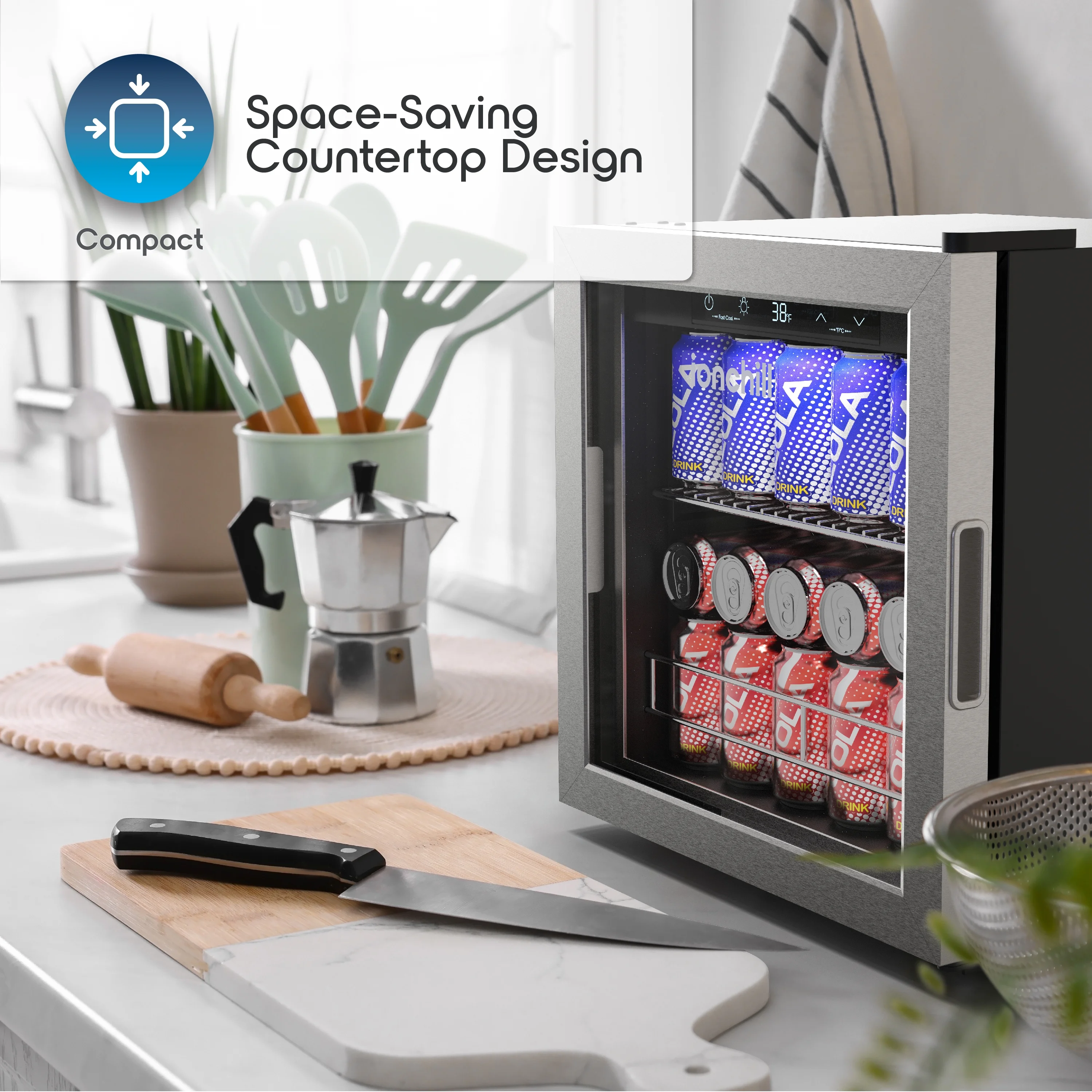 Ionchill 48-Can Mini Fridge, Compact Beverage Refrigerator with Smart Temperature Control & Standard Door, 1.4 Cu. ft., 17.3 in., New
