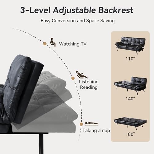 71" Convertible Futon Sofa,Faux Leather Futon Couch Bed,Sleeper Sofa Bed,Memory Foam Modern Folding Small Loveseat for Living Room,Office,Apartment
