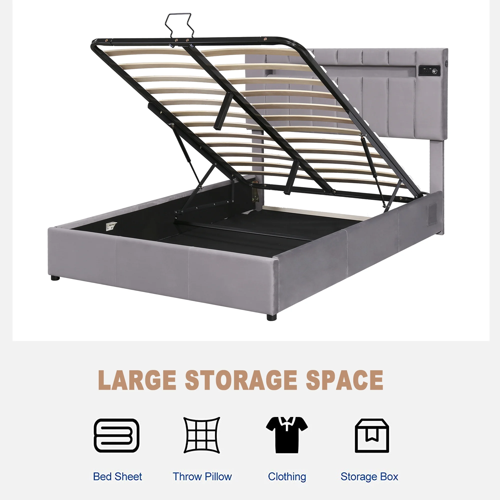 Bellemave Full Size Bed Frame with Storage and LED Light, Lift Up Upholstered Platform Bed with Bluetooth Player and USB Charging