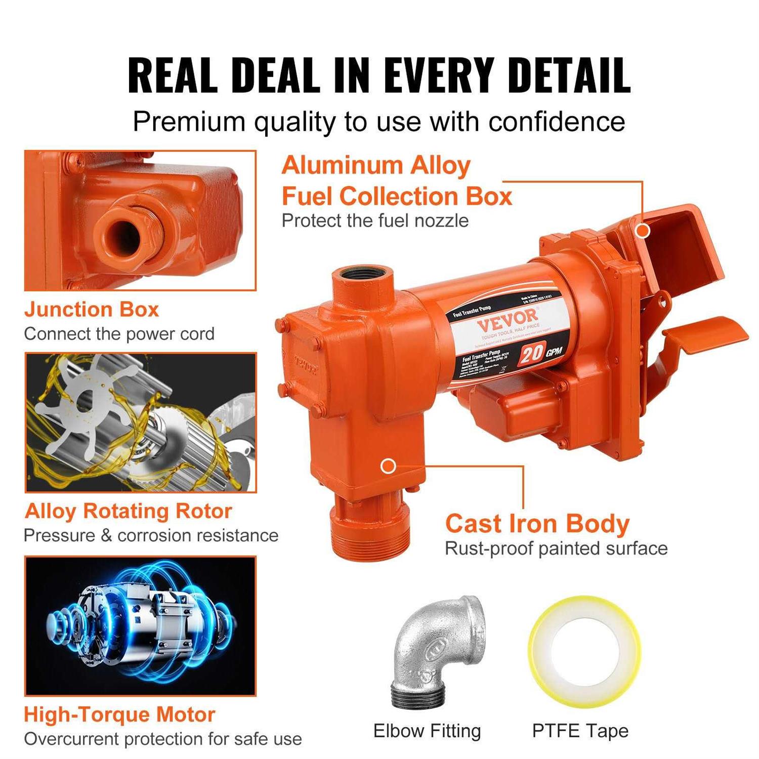 VEVOR Fuel Transfer Pump 12V DC 20 GPM 1/4 HP High Flow Cast Iron Gasoline Extractor Pump with Fuel Collection Box Design for Gasoline