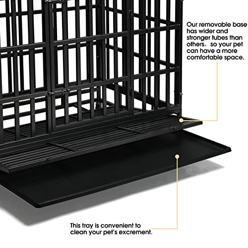 Enhanced Heavy Duty Dog Kennel Crate Cage with Strong Metal Frame, Double Doors and Lockable Wheels, for Extra Large Dog Breeds, Pet Playpen (Square