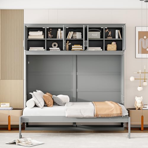 Harper & Bright Designs Full Size Murphy Bed Wall Bed with Storage Cabinets, Space-Saving for Multipurpose Guest Room Bedroom or Home Office, Gray