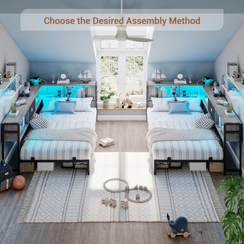 Hasuit Corner Bed Frame with Storage Bookcase, Twin Daybed with Storage Drawers Underneath, Kids Bed Unit with Charging Station and LED Light