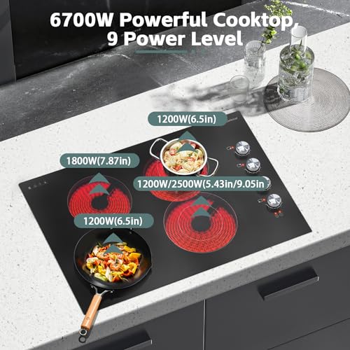 Karinear Electric Cooktop 30 Inch, 4 Burners Electric Stove Top, 30" Knob Control Built-in Electric Radiant Ceramic Cooktop, 6700W, 220~240V Hard Wire
