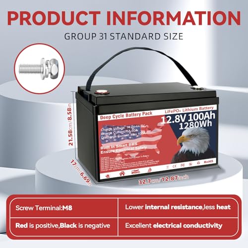 12V 100Ah LiFePO4 Lithium Battery Group 31 1280Wh Upgraded Low-Temp Protection LiFePO4 Battery, Built-in 100A Smart BMS