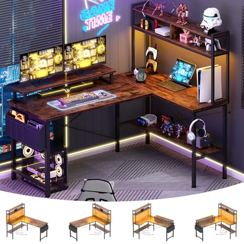 Aheaplus L Shaped Gaming Desk with Power Outlets & LED Lights, Small L- Shaped Desk Computer Corner Desk with Monitor Stand & Storage Shelf