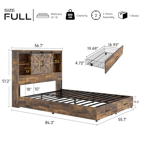 HOWE King Size Bed Frame, Wood Platform Bed Frame with 51.2" Bookcase Headboard, Storage Bed with Sliding Barn Door Charging Station 2 Drawers