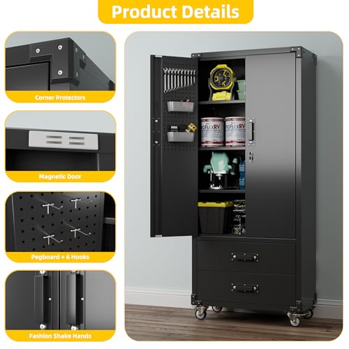 Aobabo 71" H×32" W×16" D Metal Storage Cabinet with Wheels, Garage Steel Storage Cabinet with 5 Adjustable Shelves and 4 Hooks for Home Office