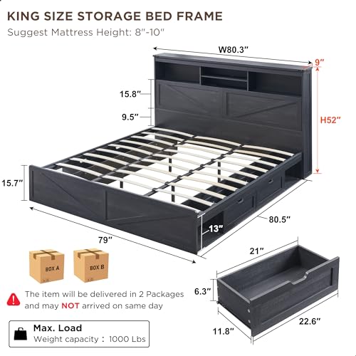 Queen Size Wood Bed Frame Farmhouse with 52" Tall Storage Bookcase Headboard, LED Light,Charging Station,4 Drawers and Solid Wood Slats Support