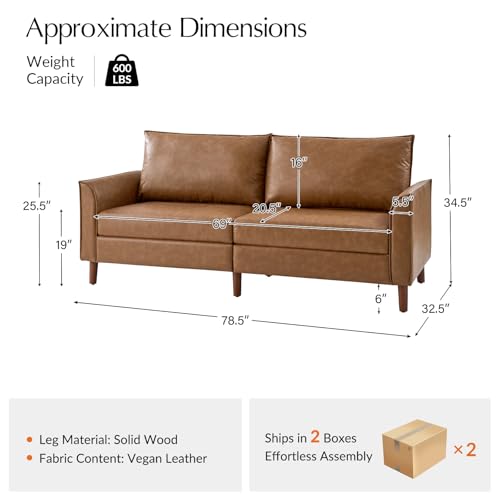 HULALA HOME 78" Faux Leather Sofa with Solid Wood Legs, Mid-Century Modern PVC Leather Couch, Comfy Upholstered 3-Seater Sofa for Living Room Bedroom